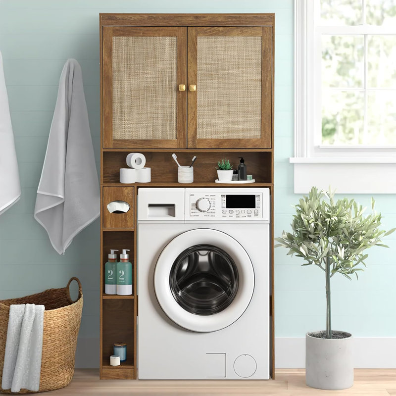 Over The Toilet Storage Cabinet Imitation Rattan Farmhouse Storage Cabinet Over Toilet with Double Doors Home Space Saving Toilet Rack for Bathroom
